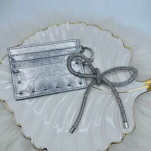 Silver Metallic Studded Card Holder w/ Rhinestone Bow Keychain